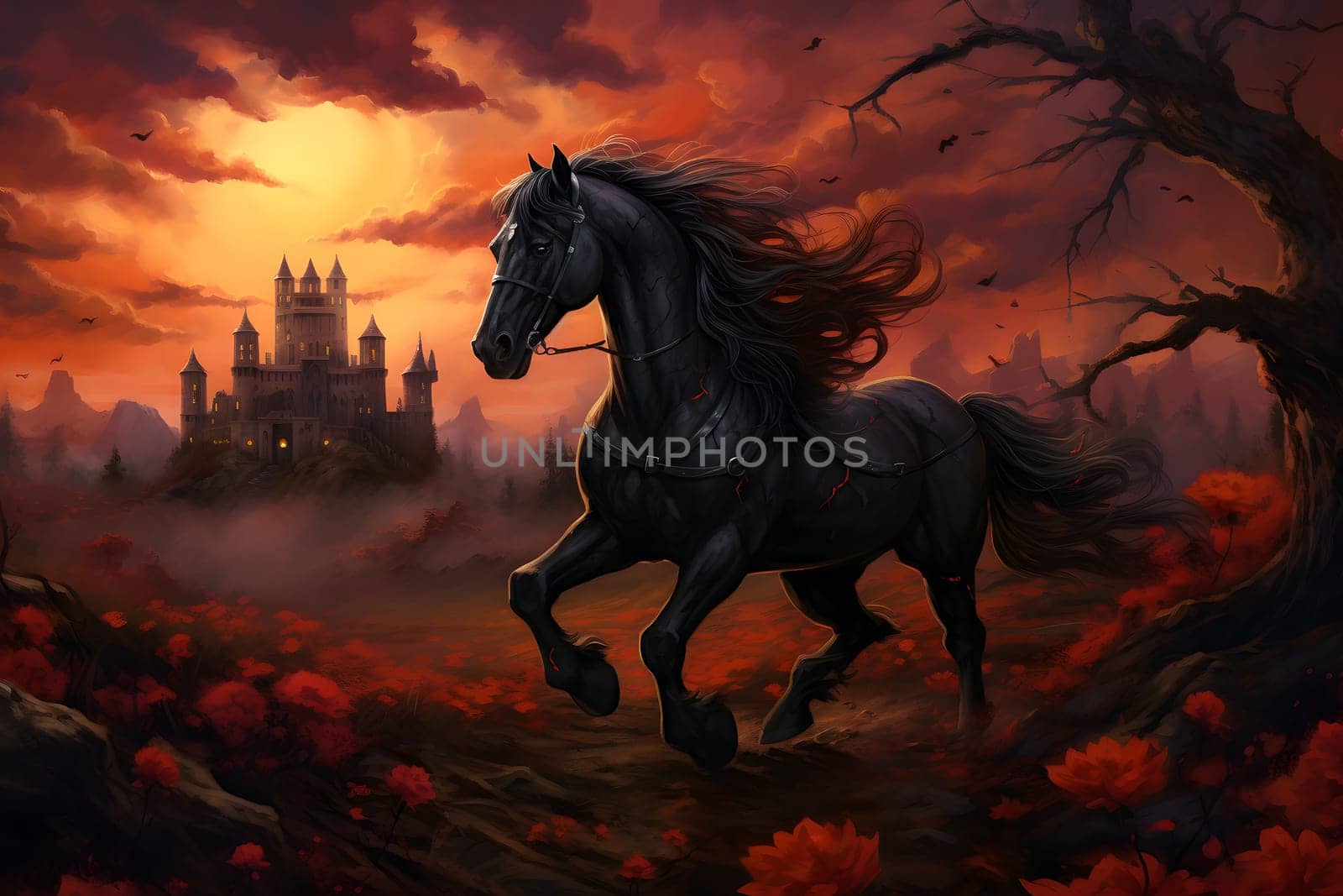 Dark horse running in a gloomy red field of flowers, in front of castle with dramatic clouds in sunset sky. Neural network generated image. Not based on any actual person, scene or pattern.