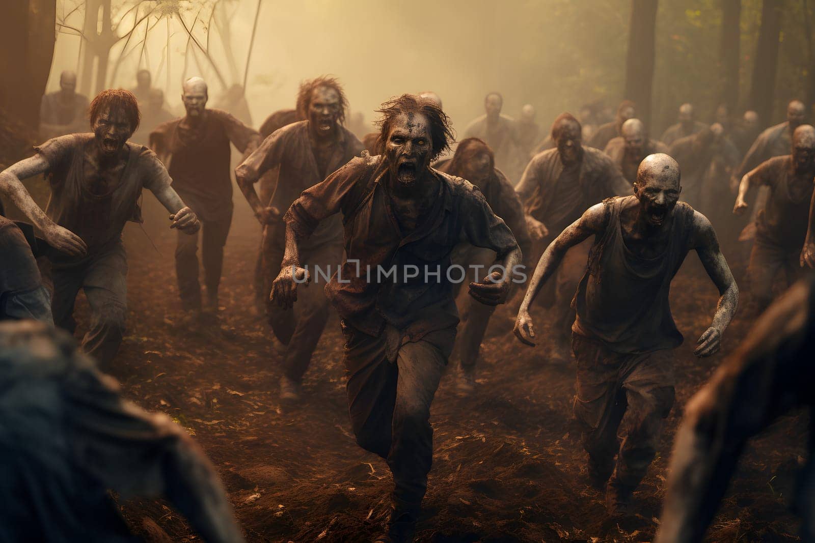 group of zombies running in forest at morning. Neural network generated image. Not based on any actual person or scene.