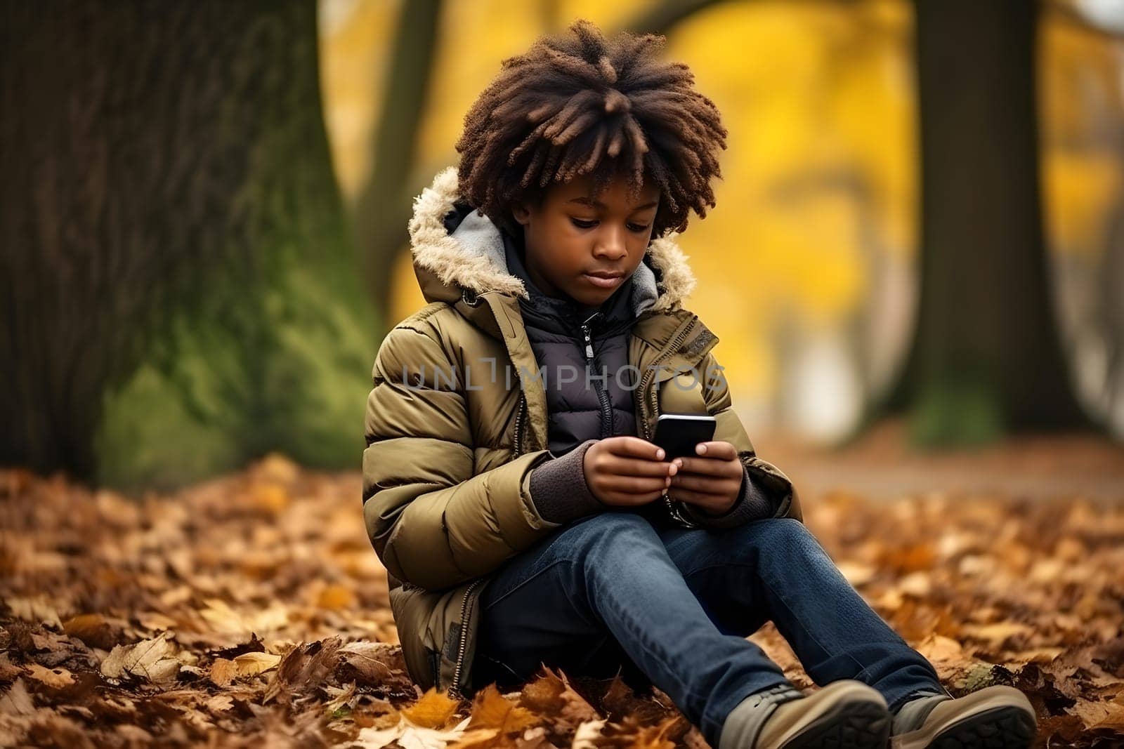 African American boy sitting on the ground in fallen autumn maple leaves looking in a cellphone. Neural network generated image. Not based on any actual person, scene or pattern.