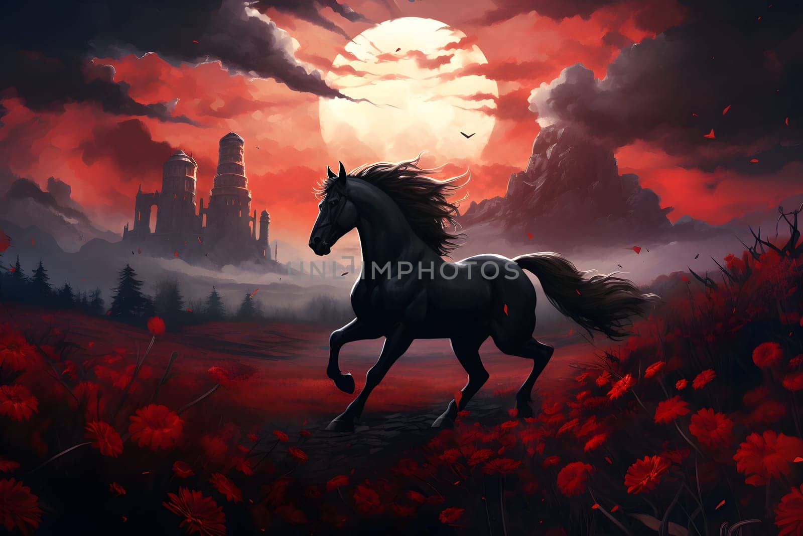 Dark horse running in a gloomy red field of flowers, in front of castle with dramatic clouds in sunset sky. Neural network generated image. Not based on any actual person, scene or pattern.