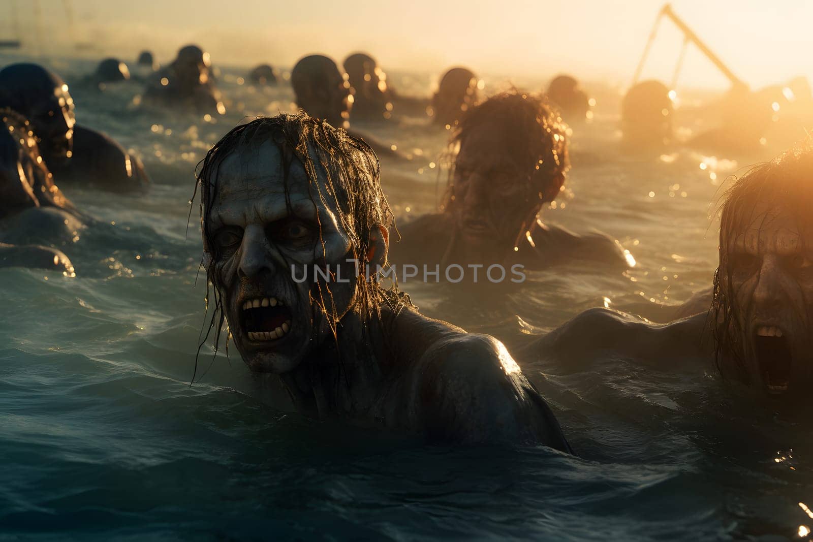 group of zombies in water at sunrise or sunset. Neural network generated image. Not based on any actual person or scene.