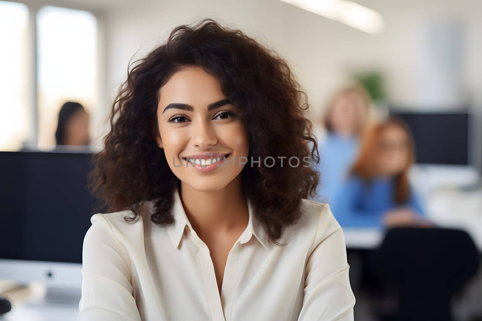 Portrait of smiling young adult curly brunette woman in office. Neural network generated image. Not based on any actual person, scene or pattern.