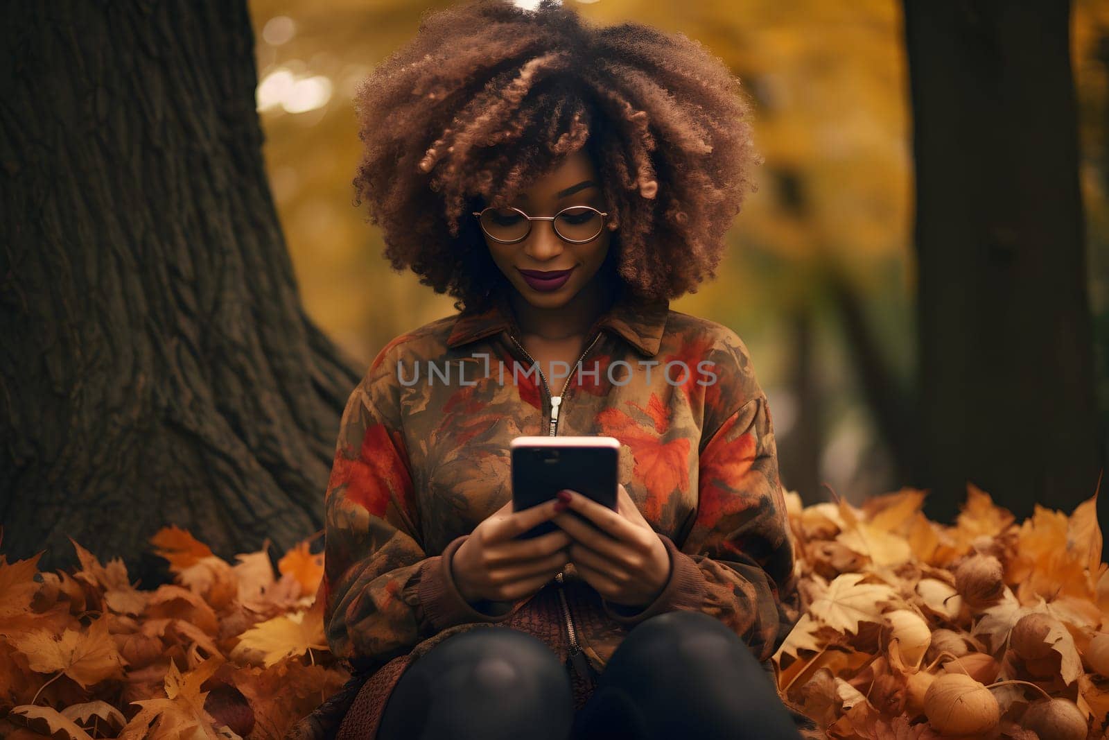 African American young adult woman sitting on the ground in fallen autumn maple leaves looking in her cellphone. AI generated image. Not based on any actual person or scene.
