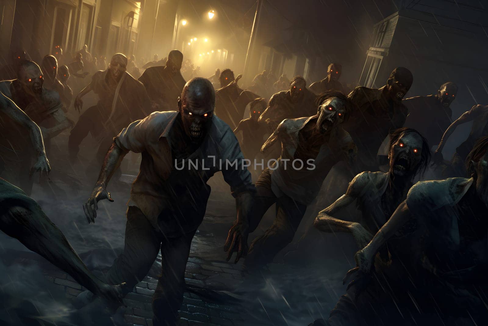 Large group of zombies running at suburbs street at rainy night. Neural network generated image. Not based on any actual person or scene.