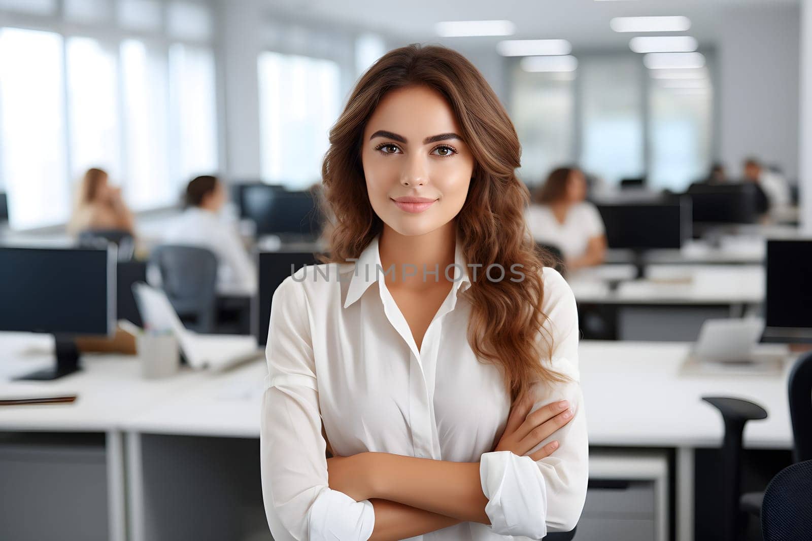Portrait of smiling young adult long haired woman in office. Neural network generated image. Not based on any actual person, scene or pattern.