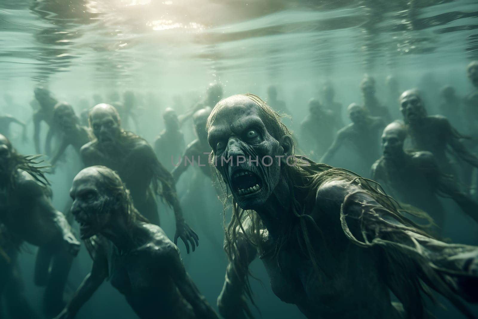 Group of zombies underwater. Neural network generated image. Not based on any actual person or scene.