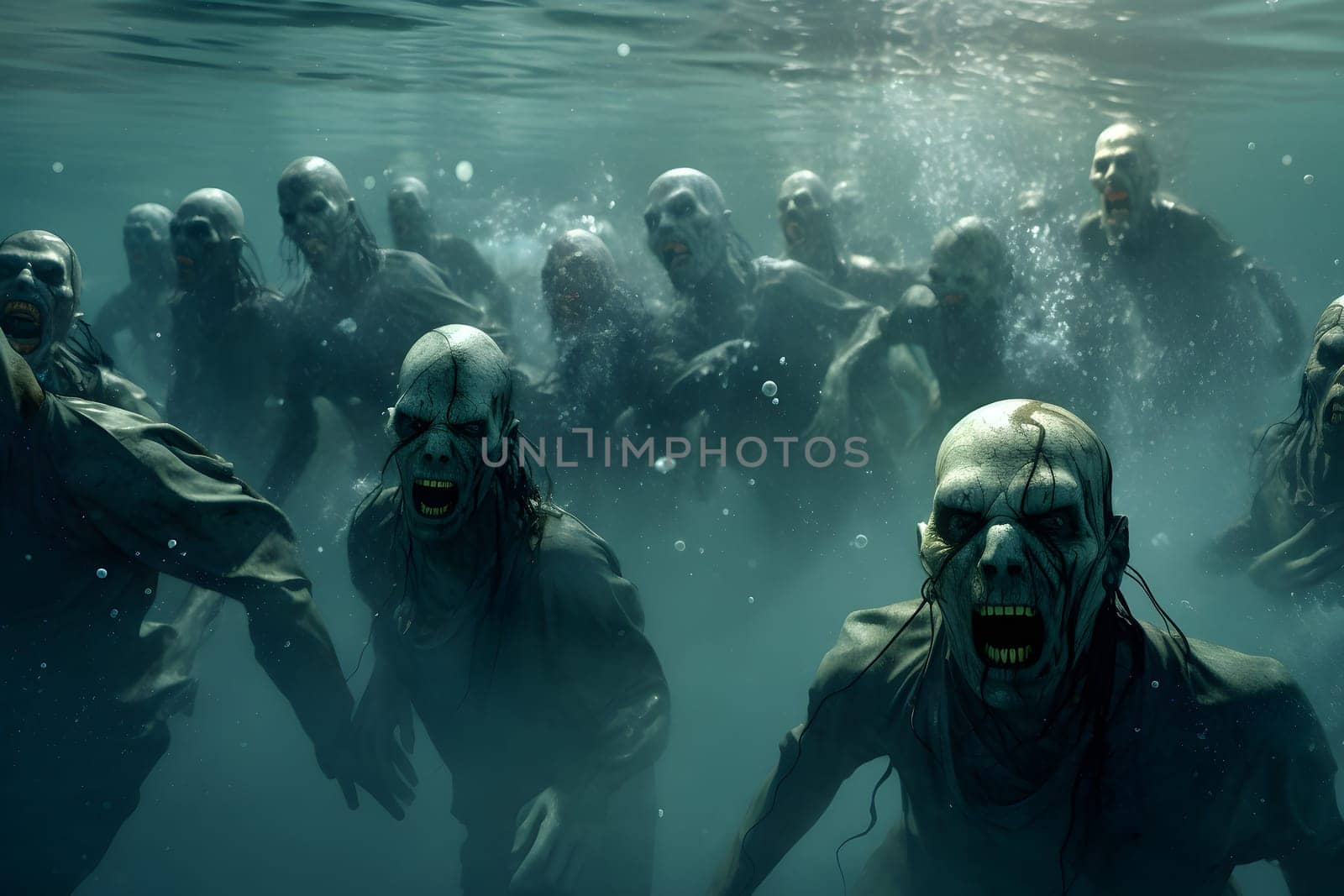 Group of zombies underwater. Neural network generated image. Not based on any actual person or scene.