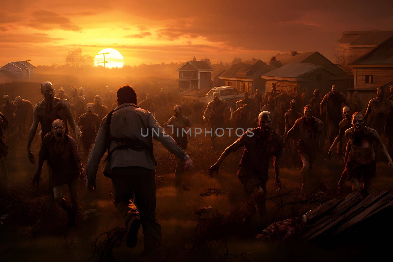human figure in front of group of zombies at sunset in countryside street. Neural network generated image. Not based on any actual person or scene.