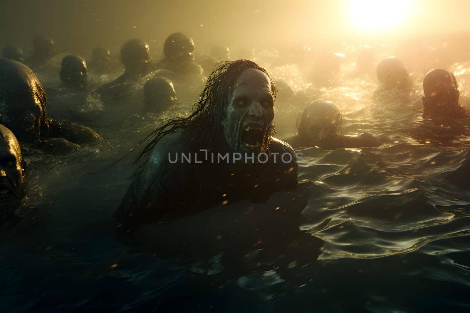 group of zombies in water at sunrise or sunset. Neural network generated image. Not based on any actual person or scene.