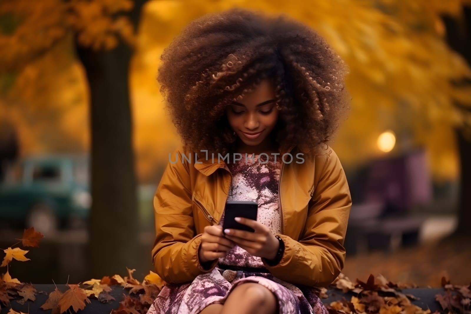 African American young adult woman sitting on the ground in fallen autumn maple leaves looking in her cellphone. AI generated image. Not based on any actual person or scene.