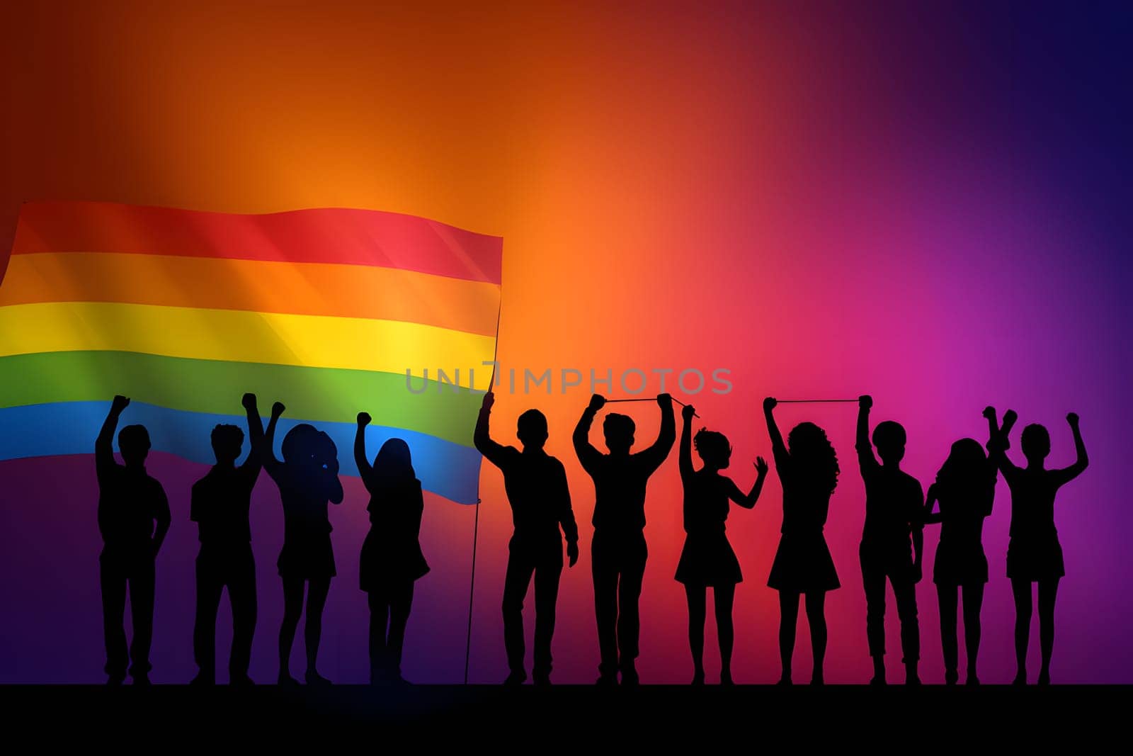 silhouettes of people group raising LGBT flag with their hand in the air. Neural network generated in May 2023. Not based on any actual person, scene or pattern.
