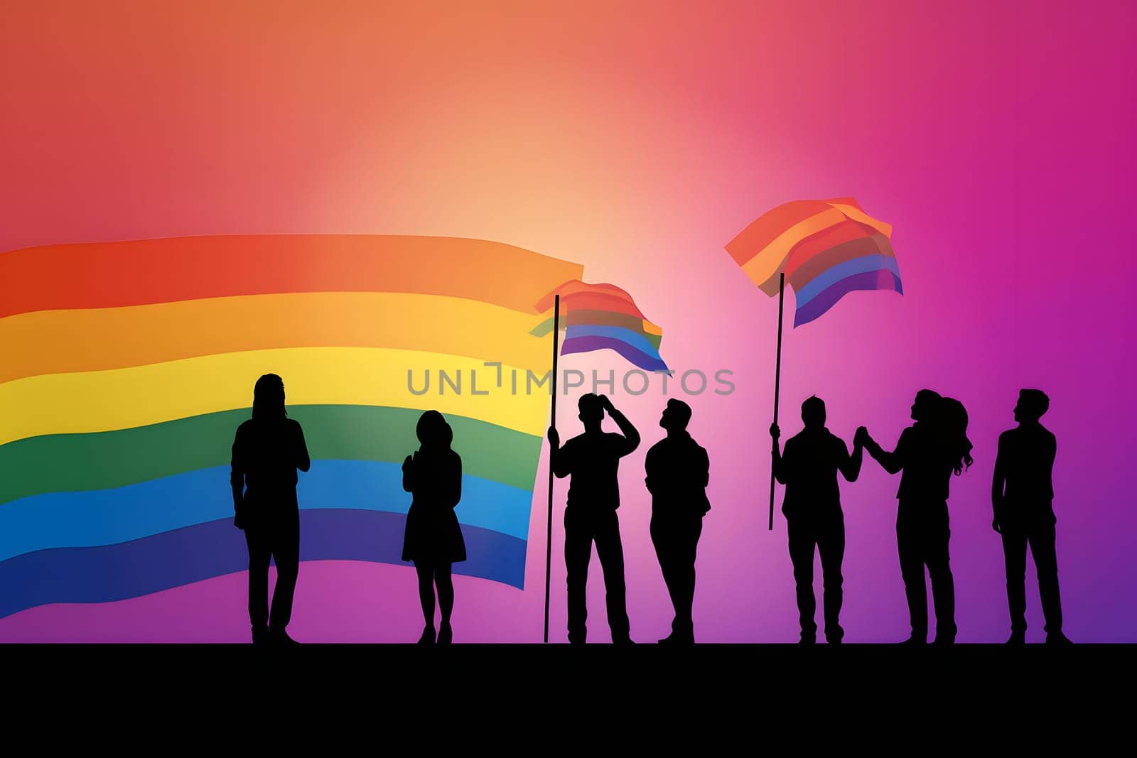 silhouettes of people group raising LGBT flag with their hand in the air. Neural network generated in May 2023. Not based on any actual person, scene or pattern.