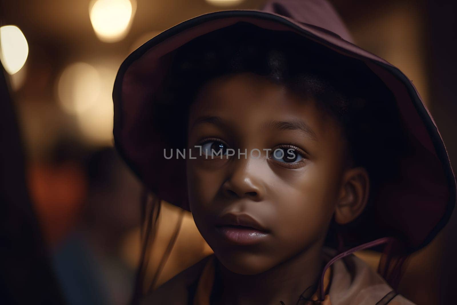 close portrait of young african american boy dressed in costume for halloween party. Neural network generated in May 2023. Not based on any actual person, scene or pattern.