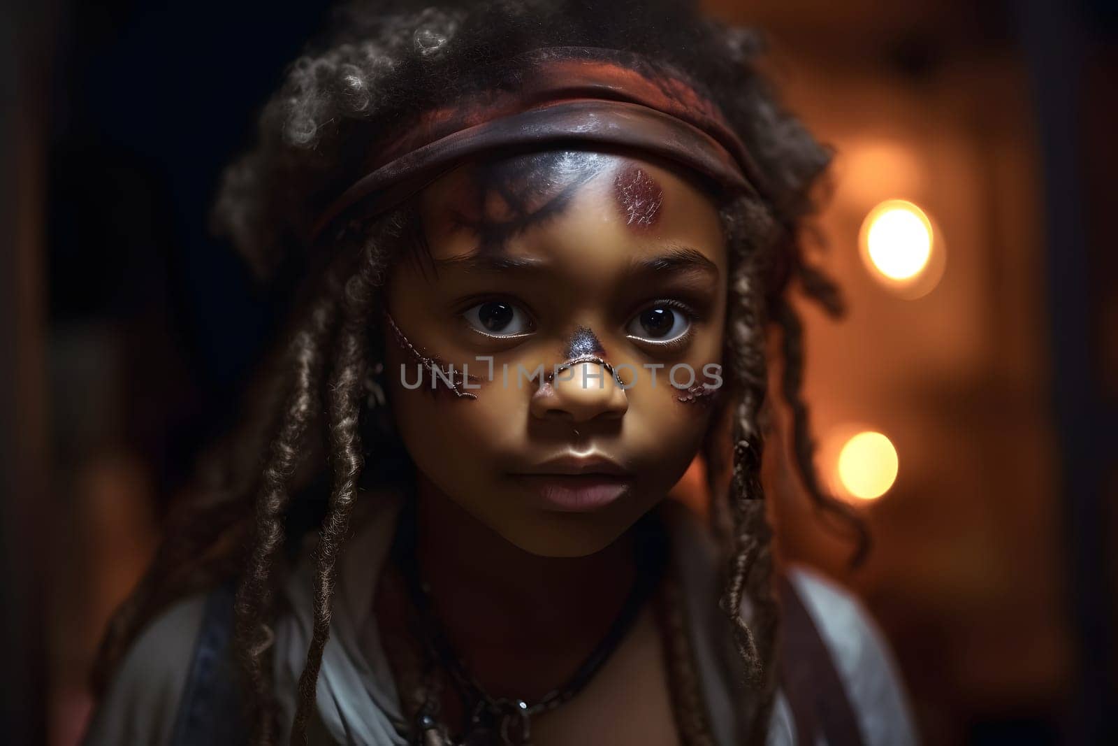 close portrait of young african american girl dressed in costume for halloween party. Neural network generated in May 2023. Not based on any actual person, scene or pattern.