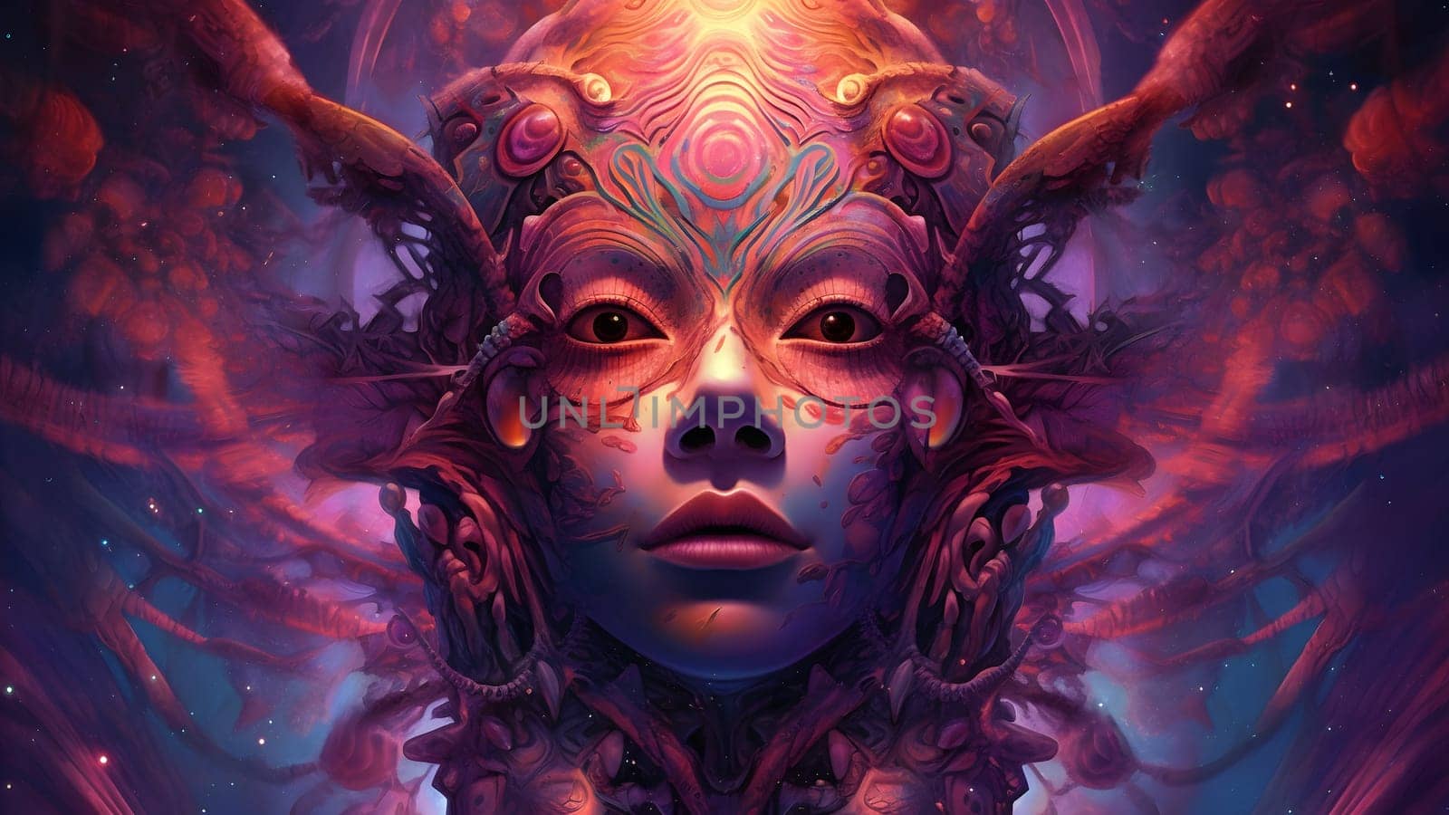 psychedelic woman full face colorful portrait. Neural network generated in May 2023. Not based on any actual scene or pattern.