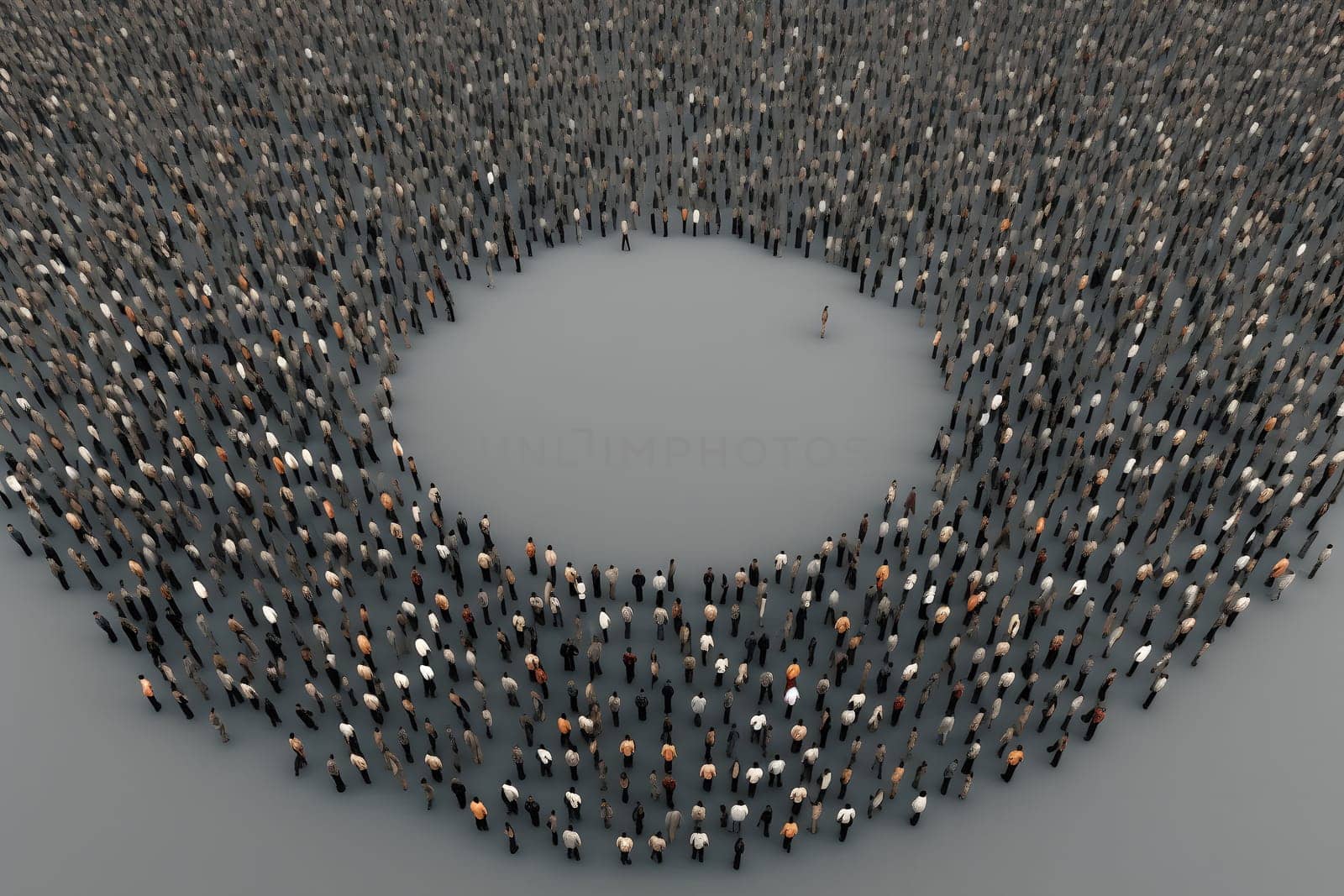 big crowd of people on grey background with circular clean region inside. Neural network generated in May 2023. Not based on any actual person, scene or pattern.