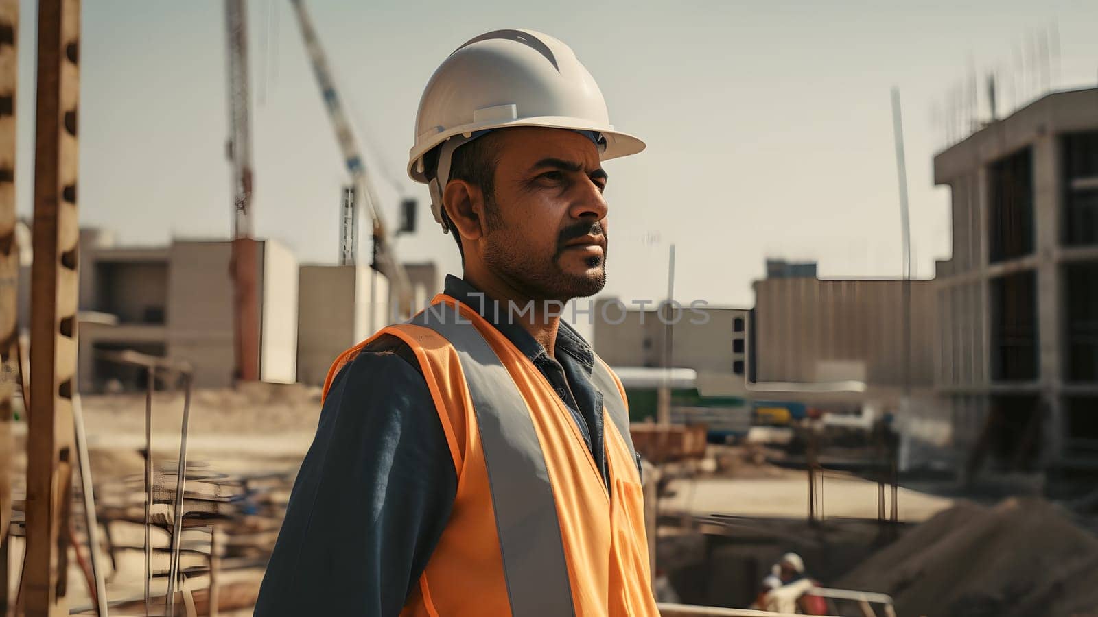 A construction worker or foreman at a construction site. Neural network generated in May 2023. Not based on any actual person, scene or pattern.