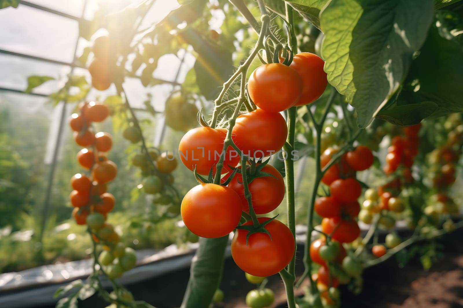 ripe green tomatoes hanging in a greenhouse. Neural network generated in May 2023. Not based on any actual scene or pattern.