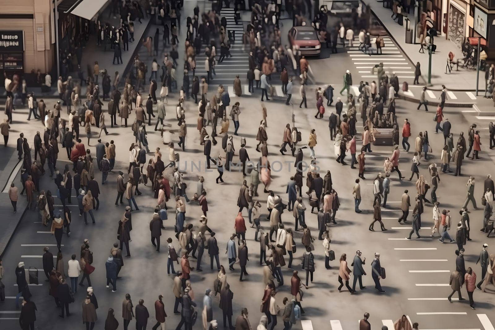 crowd of people walking on city street at sunny morning. Neural network generated in May 2023. Not based on any actual person, scene or pattern.