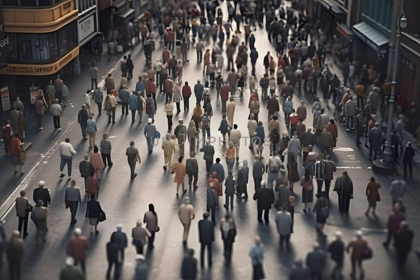 crowd of people walking on city street at summer morning. Neural network generated in May 2023. Not based on any actual person, scene or pattern.