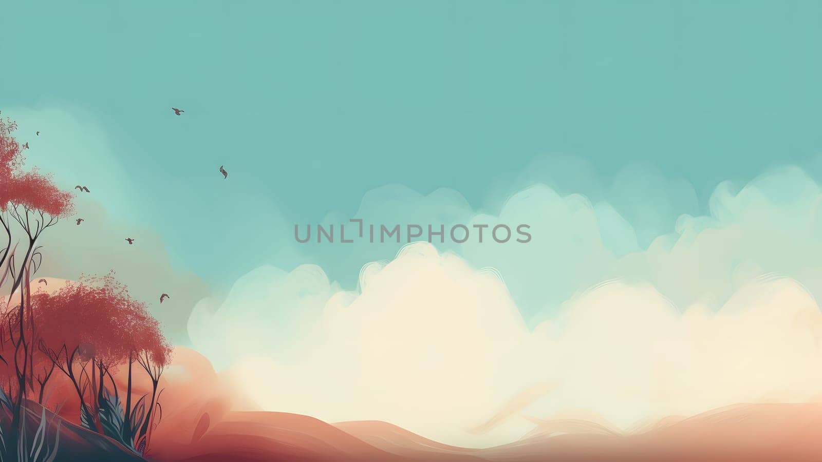 A painting of a landscape with trees and birds flying in the sky. Neural network generated in May 2023. Not based on any actual person, scene or pattern.