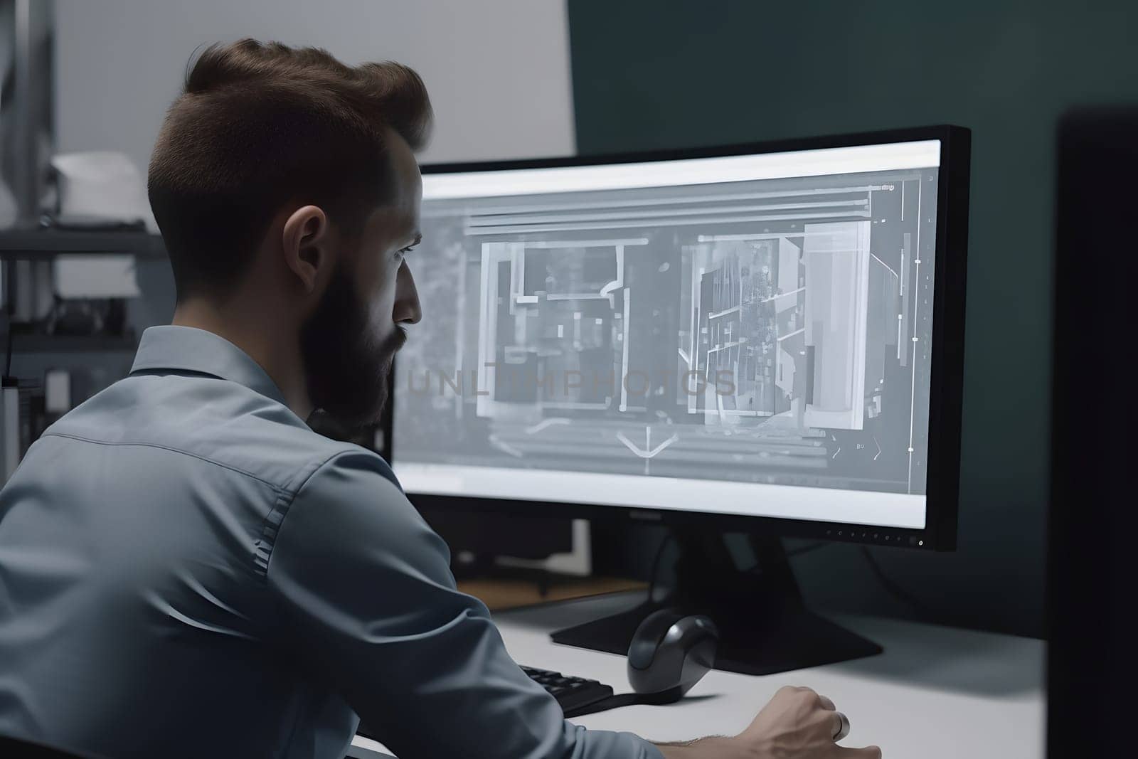Over the Shoulder view of an Engineer Working with CAD Software using tw large computer screen. Neural network generated in May 2023. Not based on any actual person, scene or pattern.