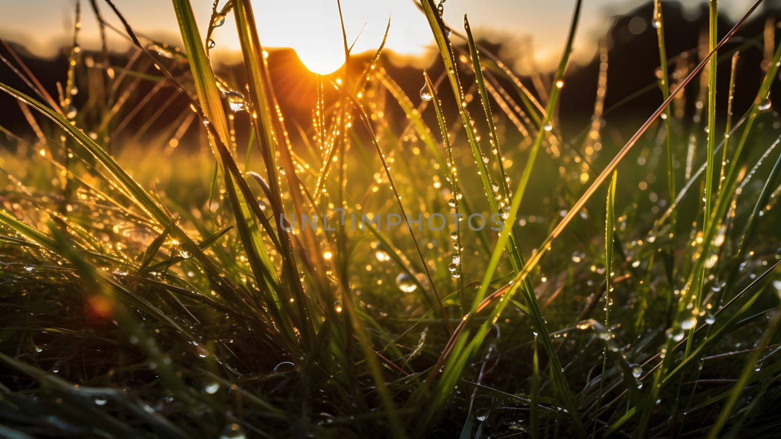 dew drops on morning grass at summer sunrise in the wild meadow. Neural network generated in May 2023. Not based on any actual scene or pattern.