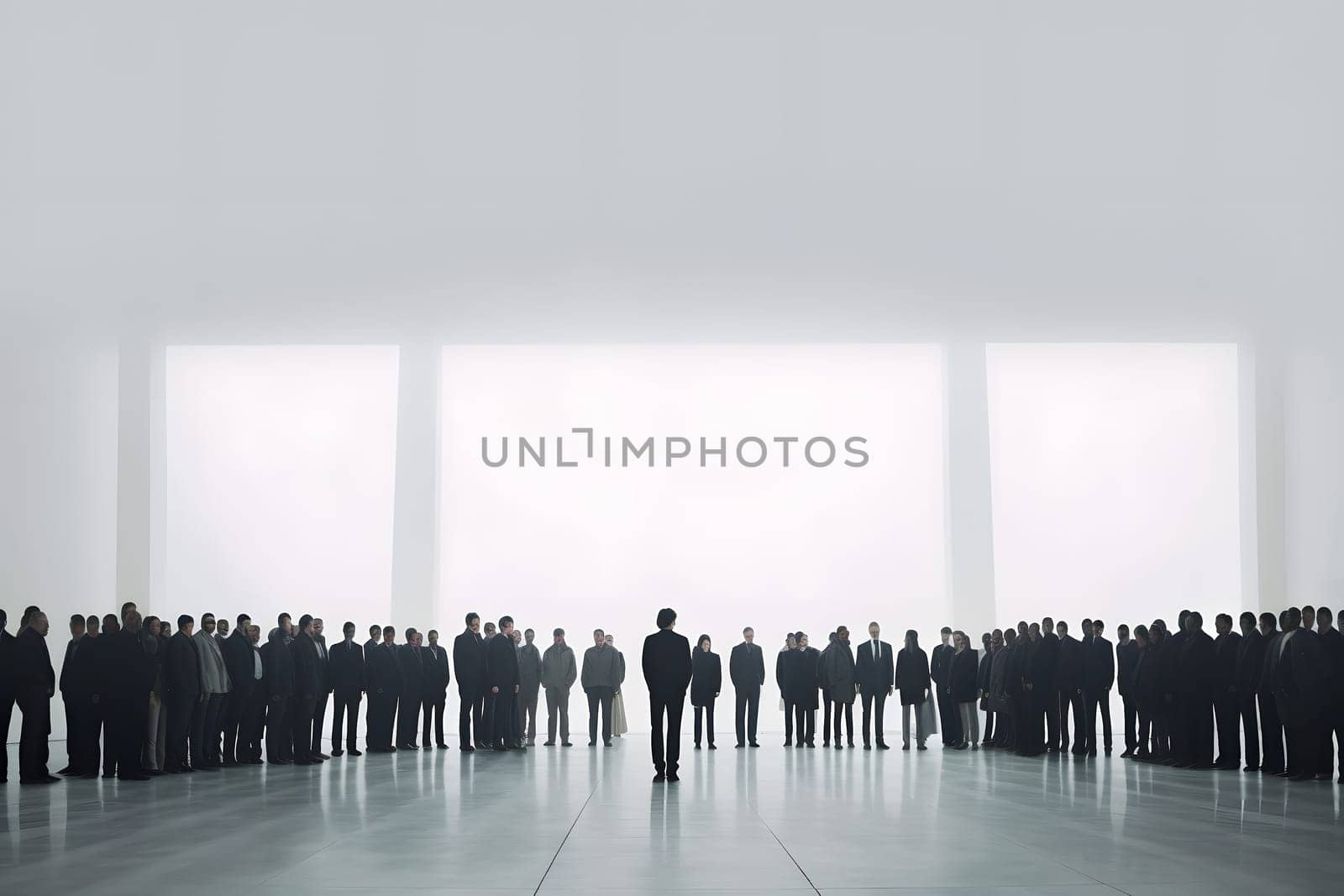 big crowd of people in large white room. Neural network generated in May 2023. Not based on any actual person, scene or pattern.