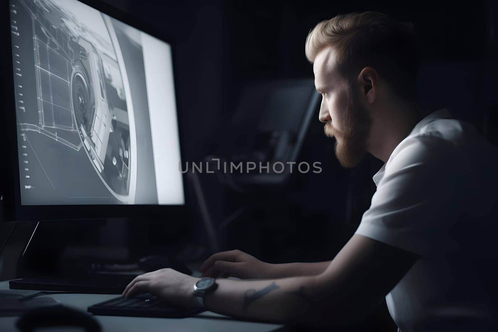 Over the Shoulder view of an Engineer Working with CAD Software using large computer screen. Neural network generated in May 2023. Not based on any actual person, scene or pattern.