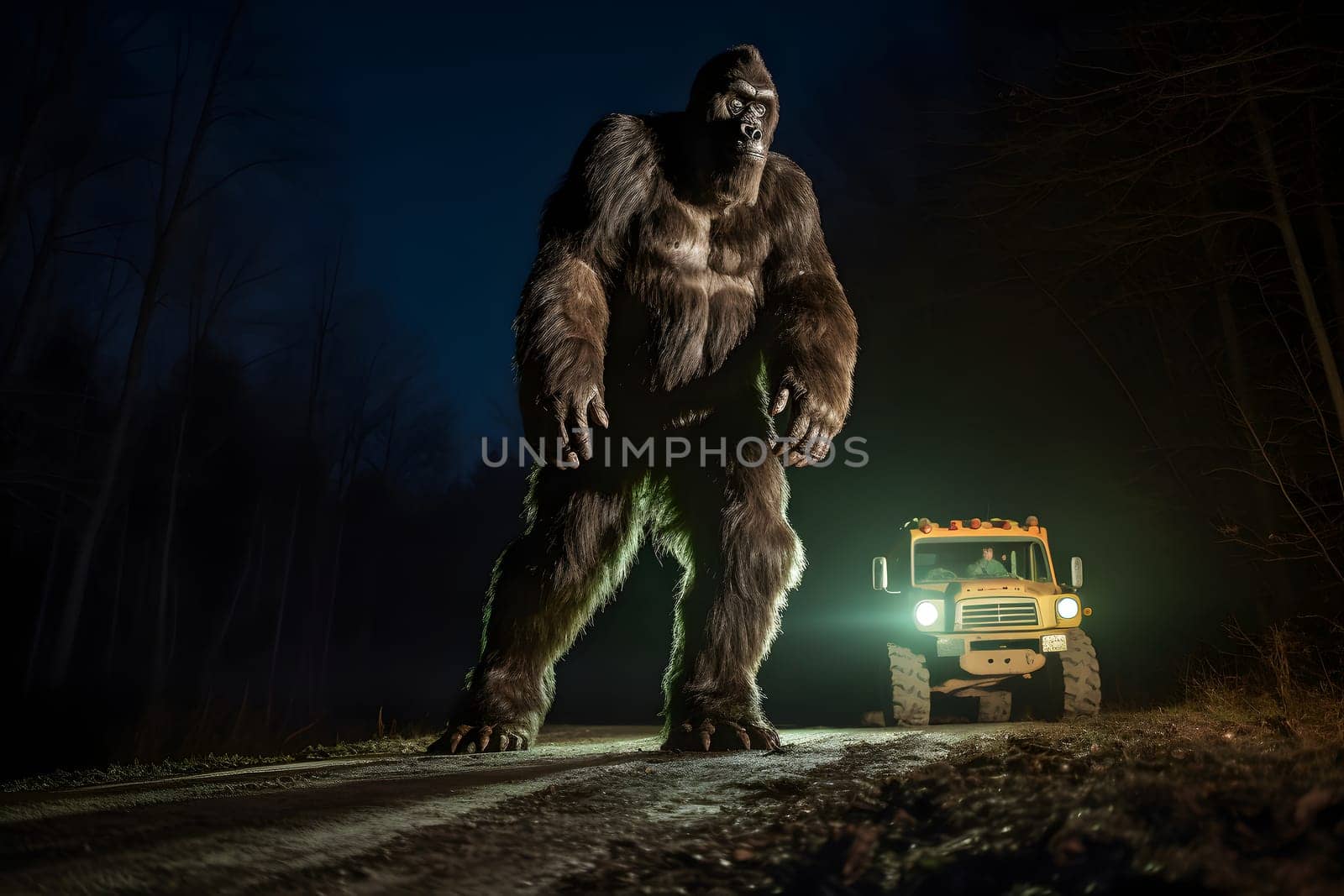 bigfoot running along interstate forest road at night in light of car headlights. Neural network generated in May 2023. Not based on any actual person, scene or pattern.