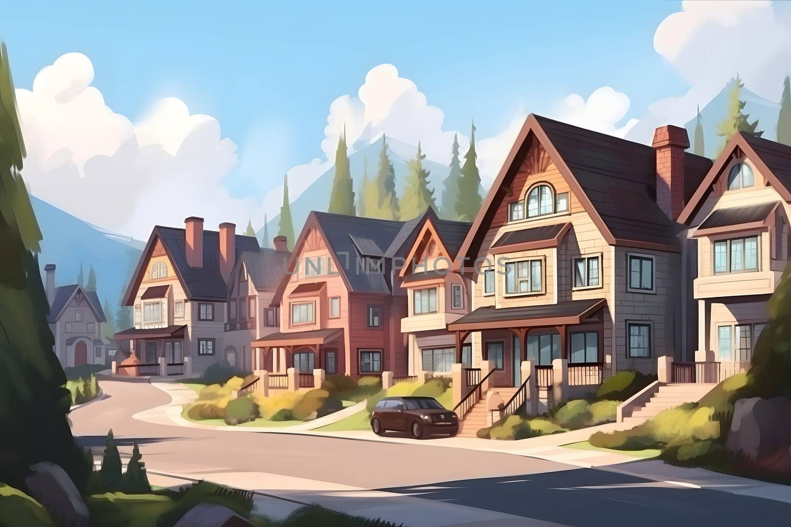 Perfect American neighborhood. Houses in suburban area at summer day. Neural network generated in May 2023. Not based on any actual person, scene or pattern.