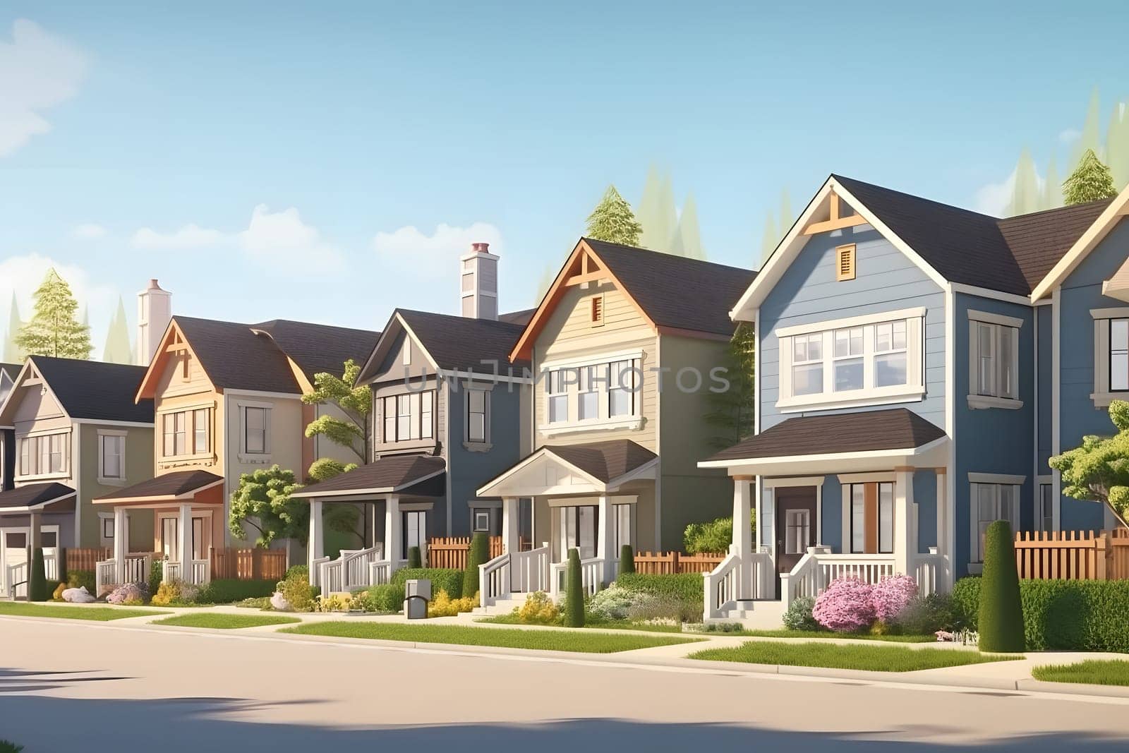 Perfect American neighborhood. Houses in suburban area at summer day. Neural network generated in May 2023. Not based on any actual person, scene or pattern.