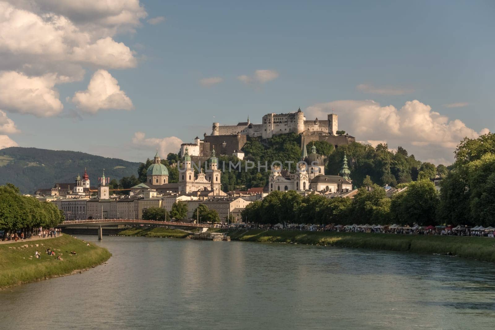 Salzburg, Austria - May 21st, 2018: View to the old town and the castle Hohensalzburg at an early summer day in the afternoon.