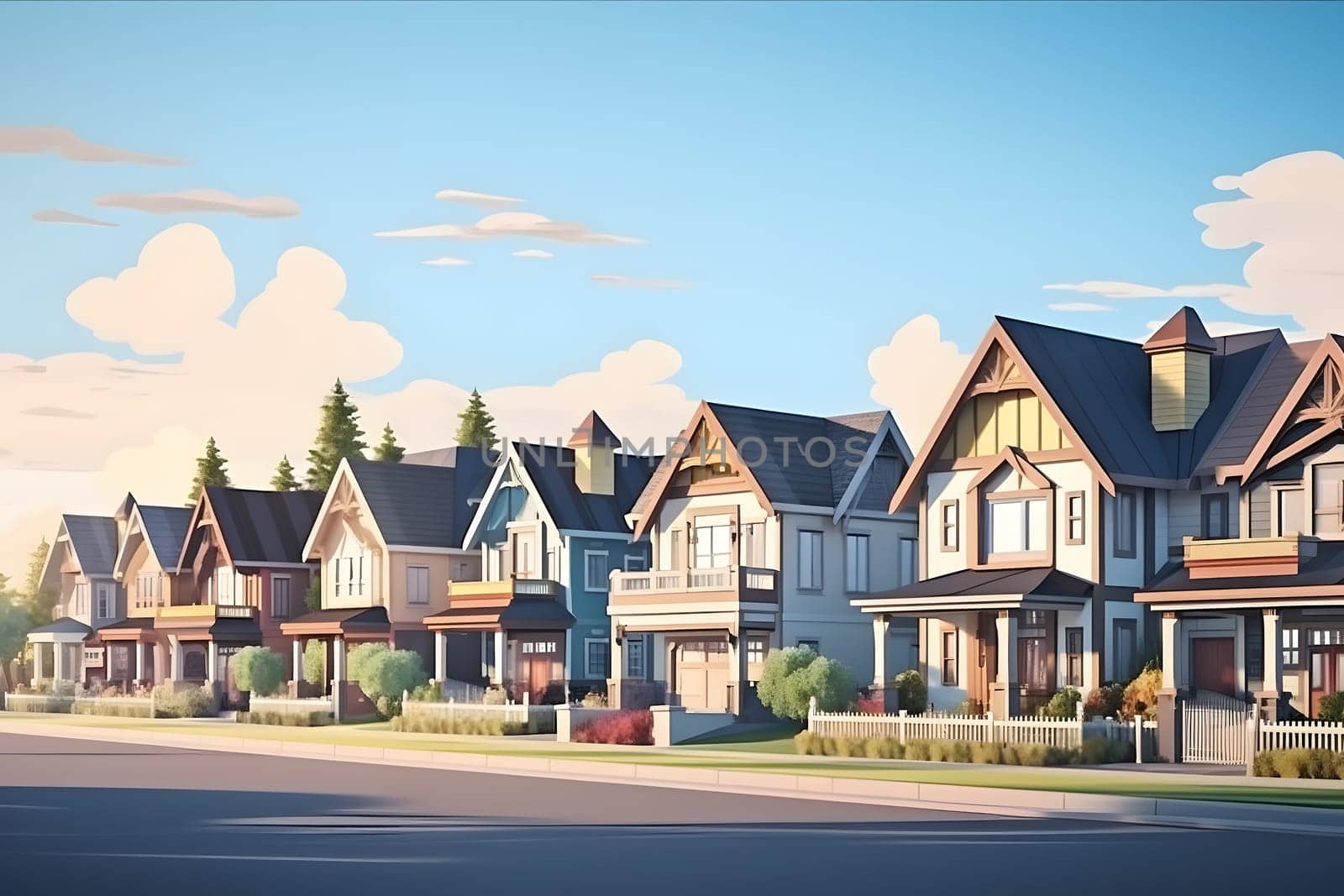 Perfect American neighborhood. Houses in suburban area at summer day. Neural network generated in May 2023. Not based on any actual person, scene or pattern.