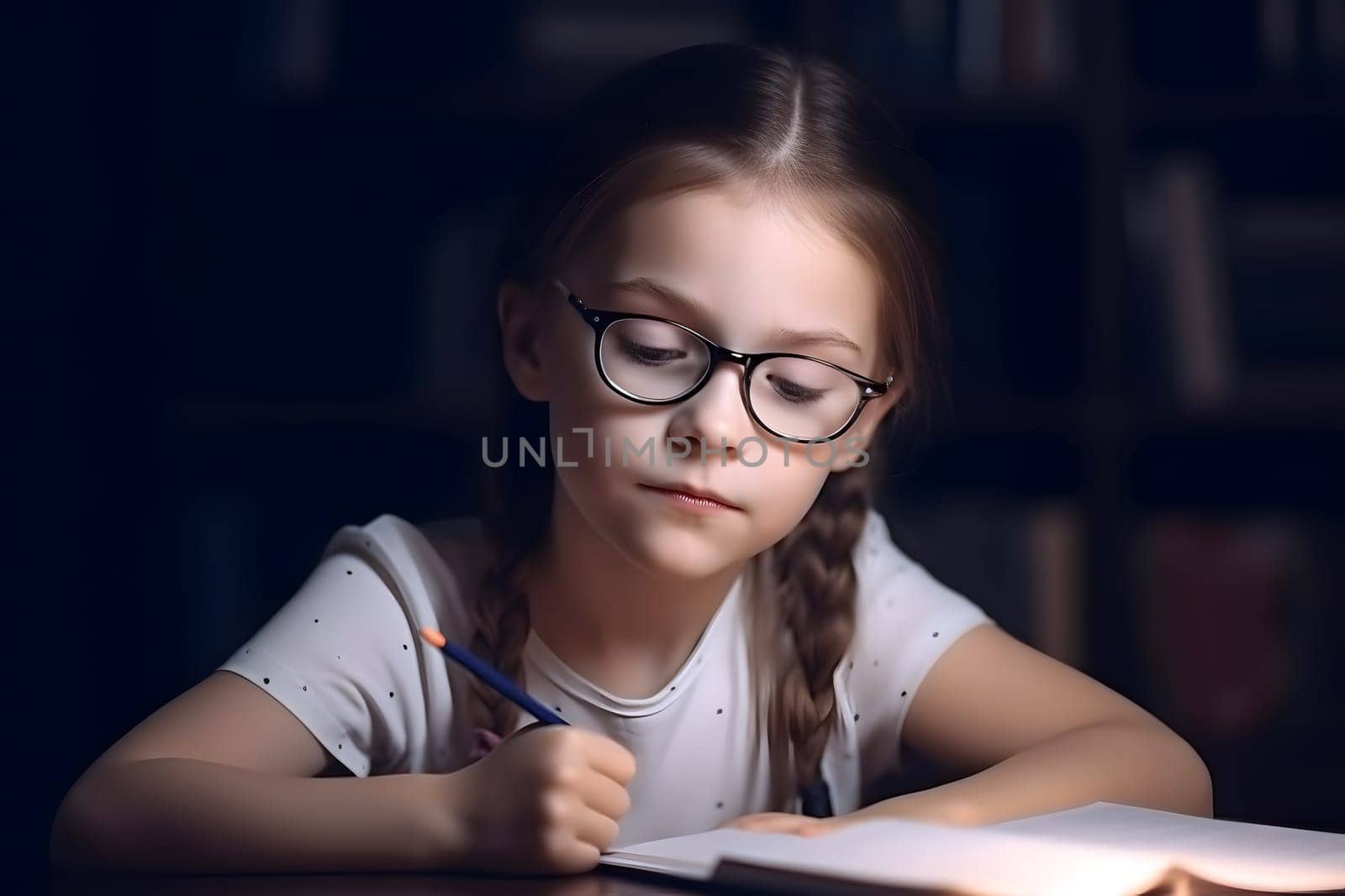 education and school concept - little caucasian student girl studying at evening in home. Neural network generated in May 2023. Not based on any actual person, scene or pattern.