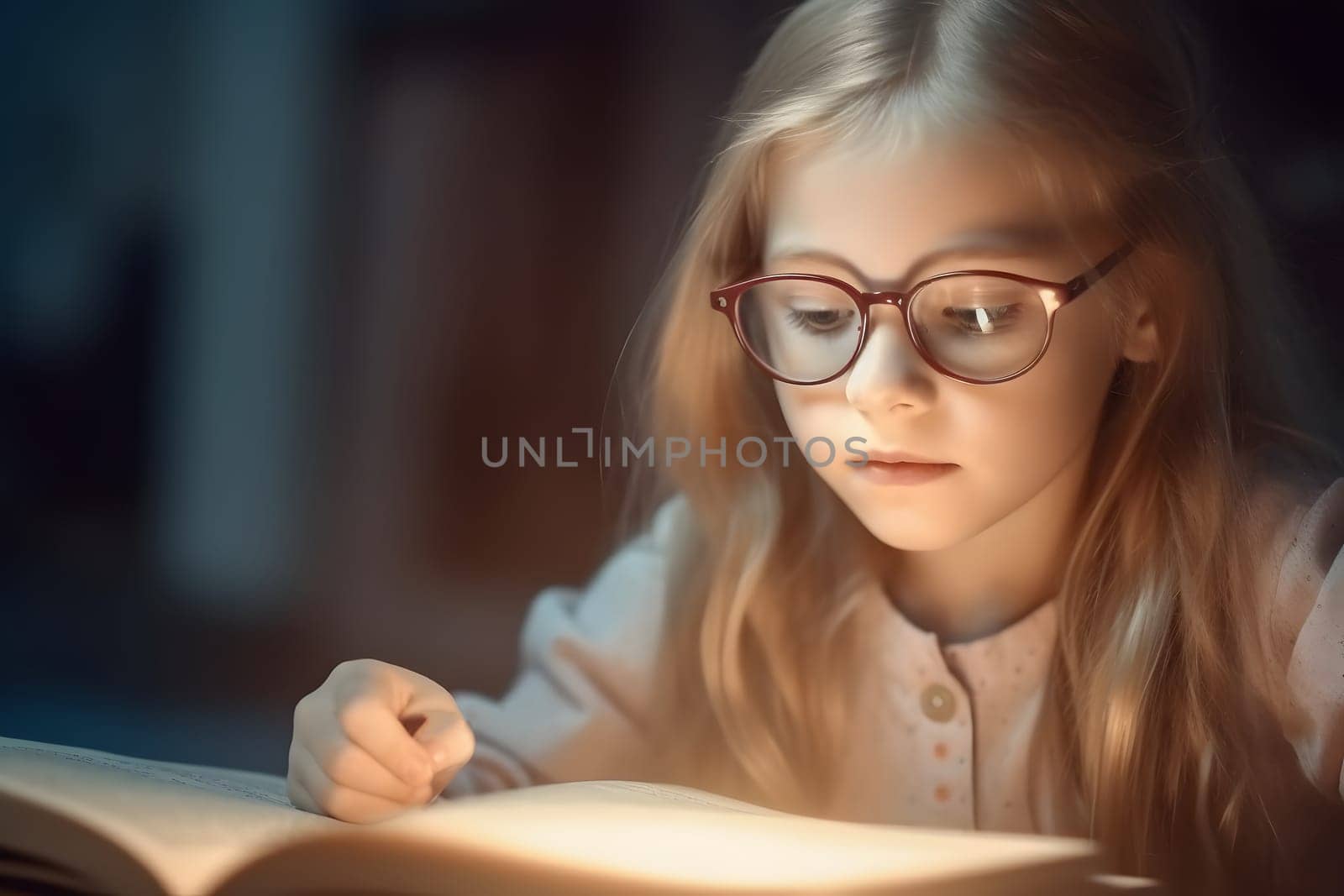 education and school concept - little blonde caucasian student girl studying at evening in home. Neural network generated in May 2023. Not based on any actual person, scene or pattern.
