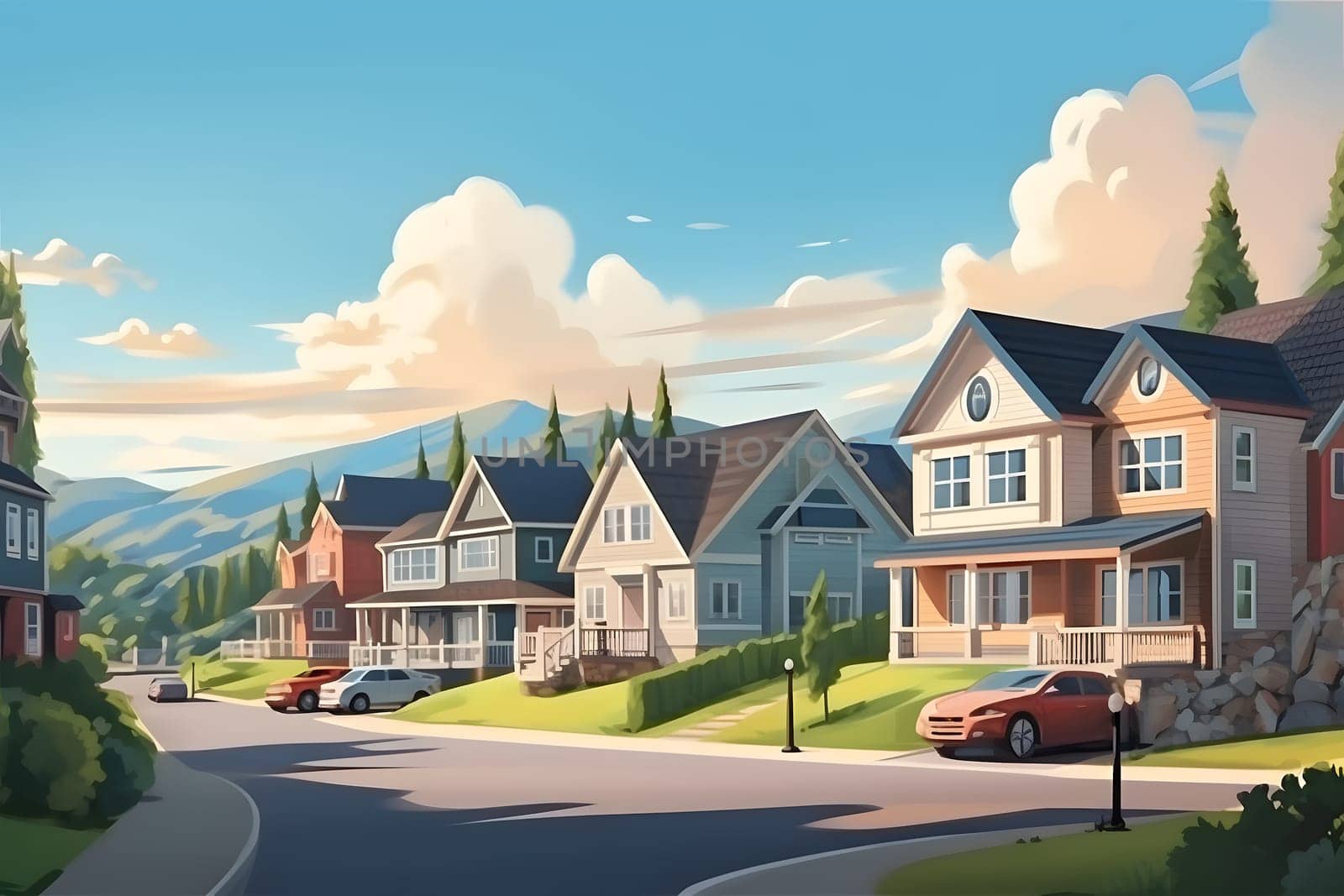 Perfect American neighborhood. Houses in suburban area at summer day. Neural network generated in May 2023. Not based on any actual person, scene or pattern.