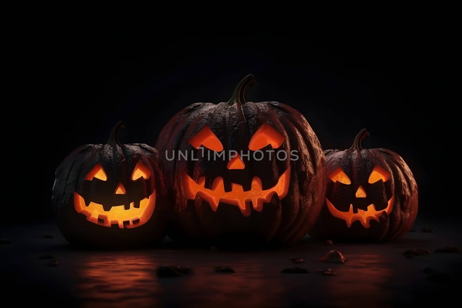 Happy Halloween. Group of black glowing in the dark jack-o-lanterns on black background. Neural network generated in May 2023. Not based on any actual person, scene or pattern.