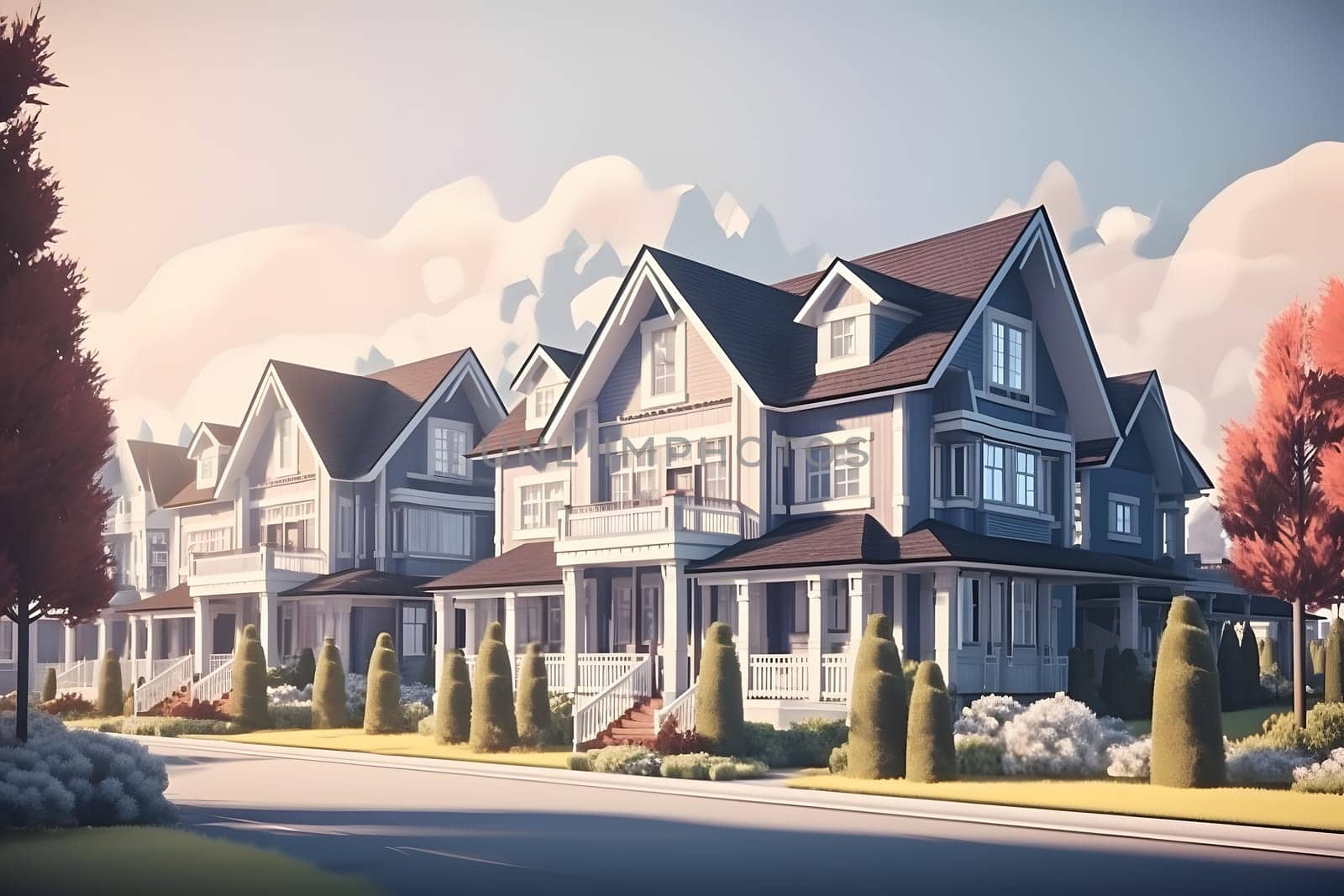 Perfect American neighborhood. Houses in suburban area at summer day. Neural network generated in May 2023. Not based on any actual person, scene or pattern.