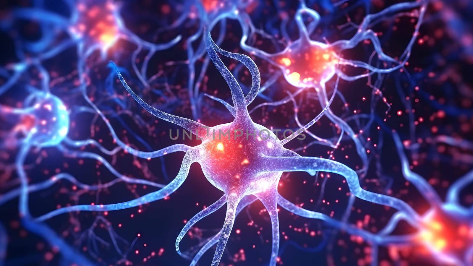 glowing brain neural cells connected in biological neural network. Neural network generated in May 2023. Not based on any actual scene or pattern.