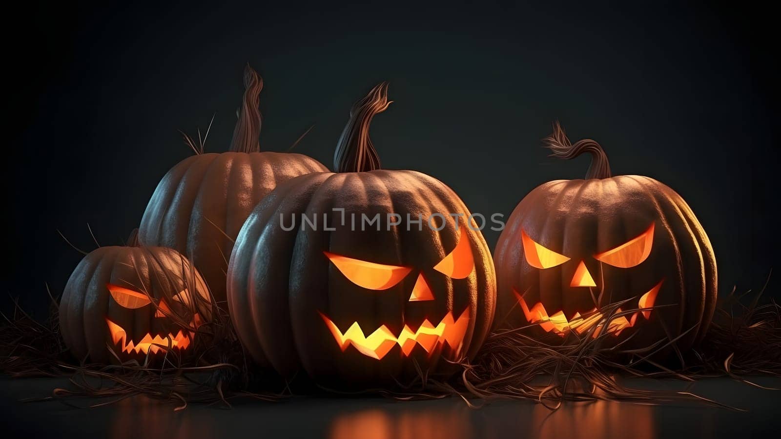 Halloween Night Mystery Graveyard with large orange moon of sun in the sky. Neural network generated in May 2023. Not based on any actual person, scene or pattern.