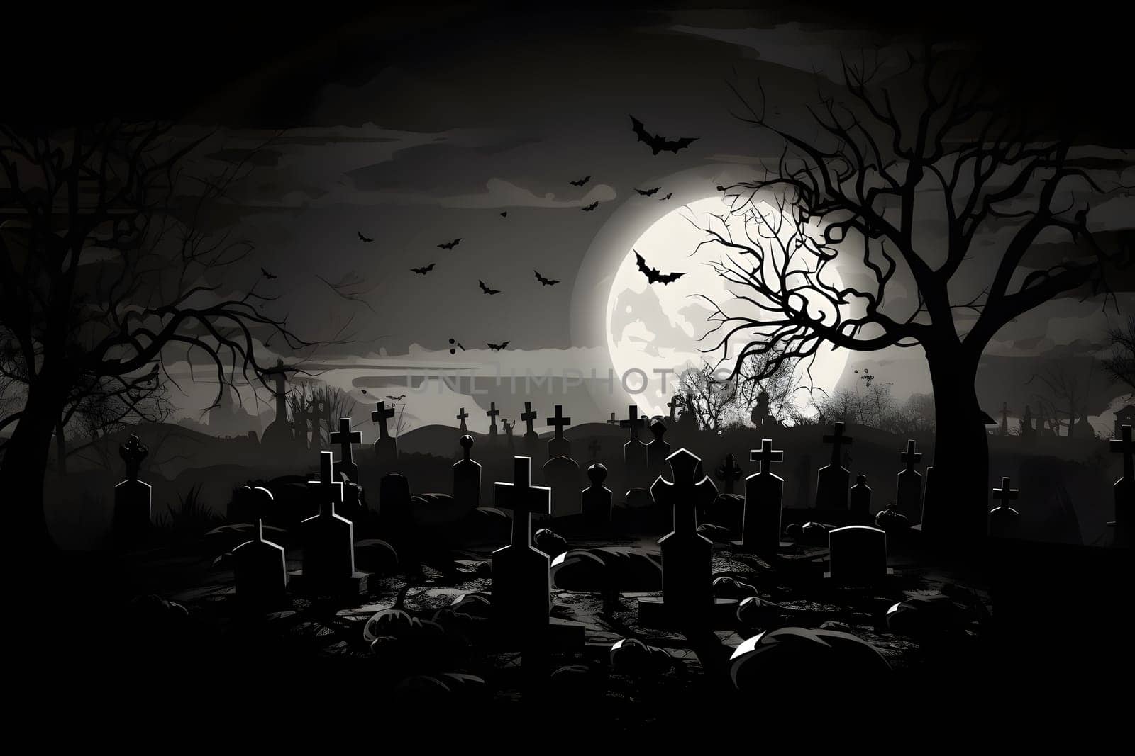 Halloween Night Mystery Graveyard with large orange moon of sun in the sky. Neural network generated in May 2023. Not based on any actual person, scene or pattern.