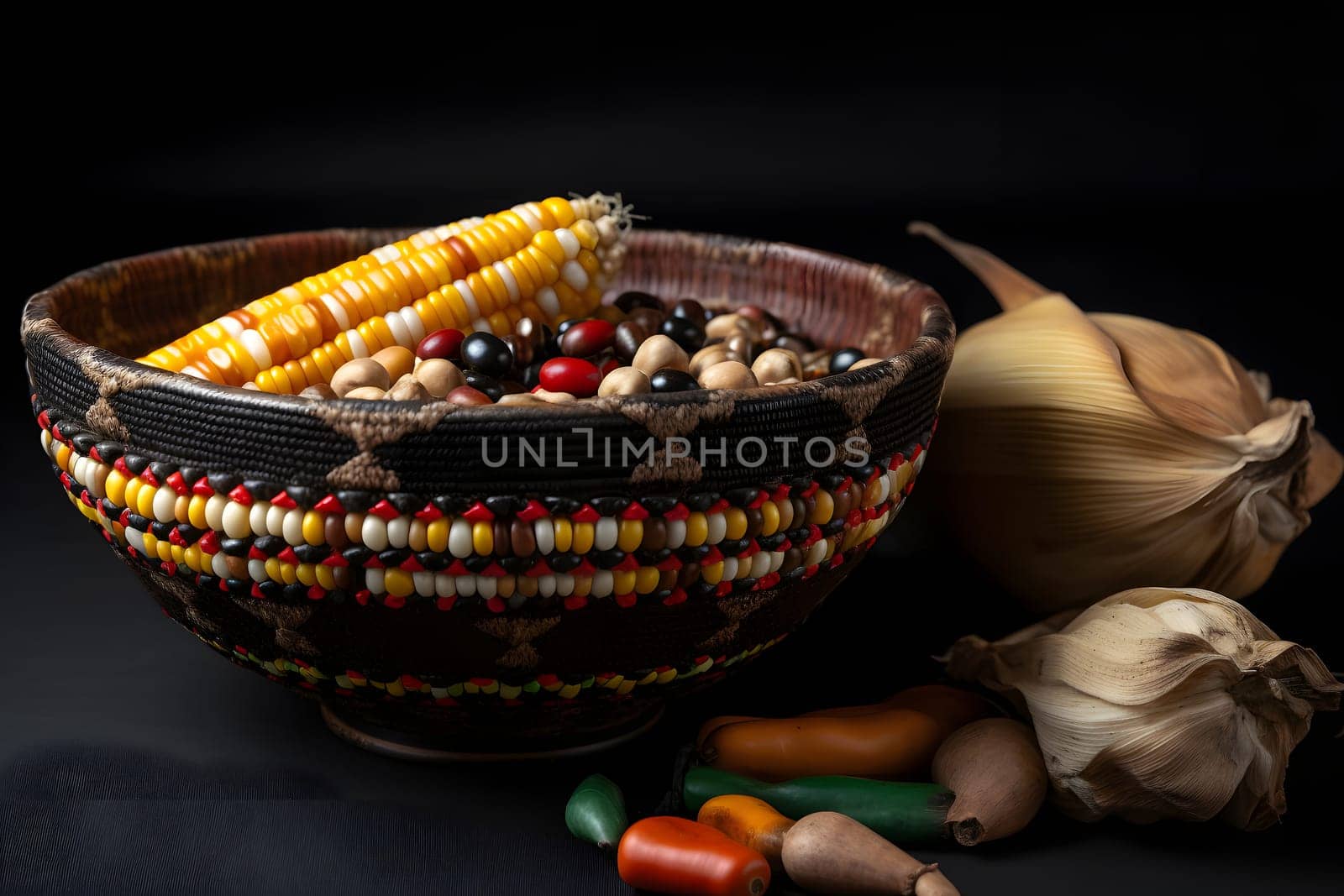 Kwanzaa - afro-american holiday. Corn bowl and harvest on black background. Neural network generated in May 2023. Not based on any actual person, scene or pattern.
