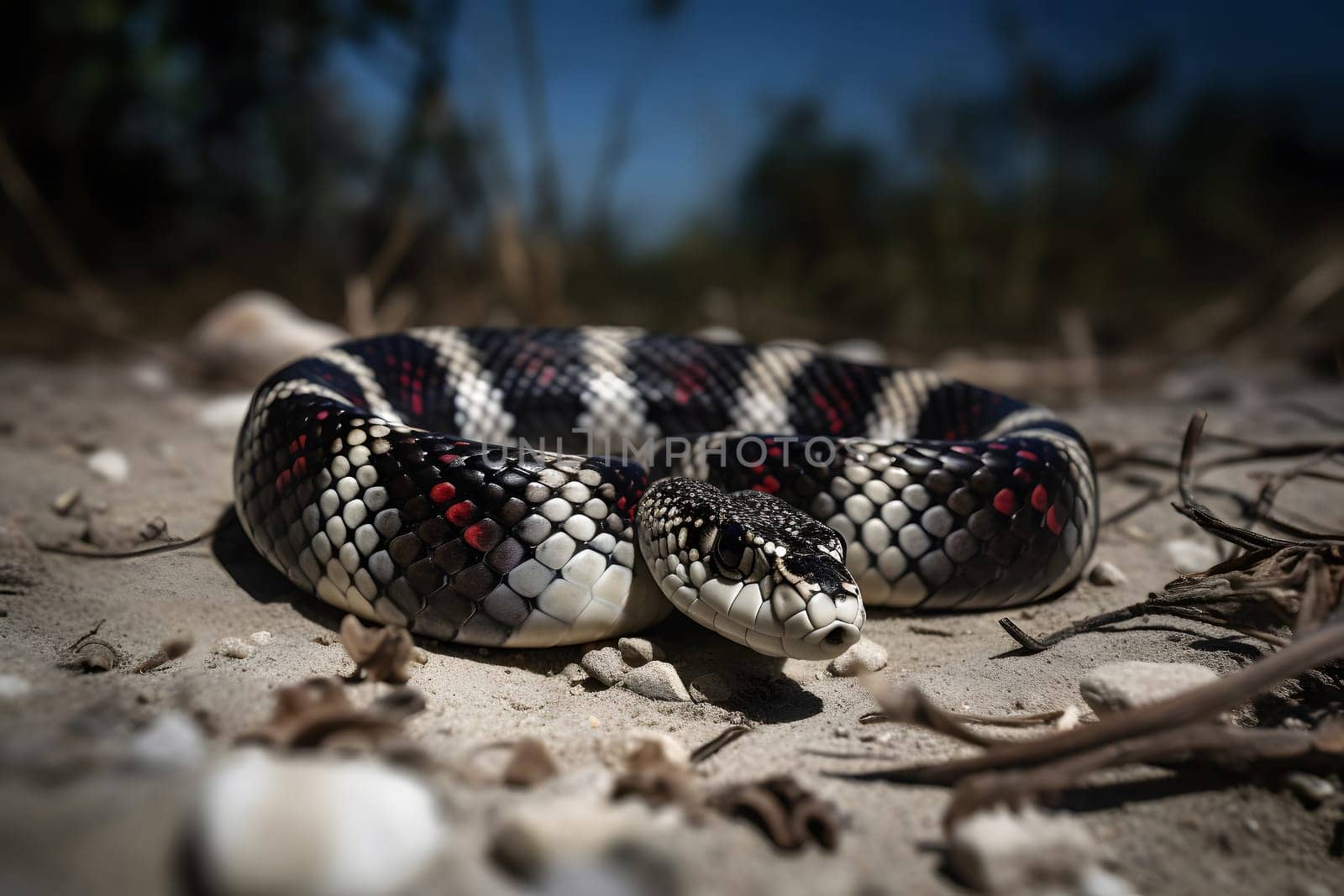 Kingsnake wide full body view on the ground at sunny day. Neural network generated in May 2023. Not based on any actual person, scene or pattern.
