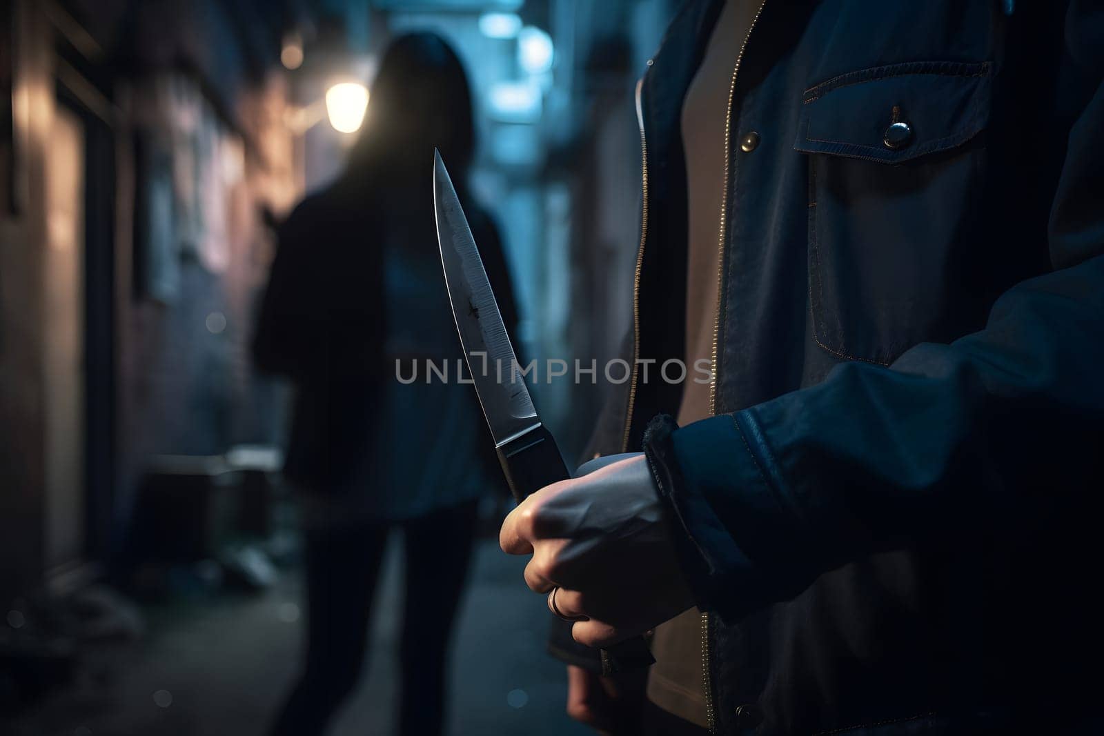 closeup view of of man holding knife in hand in dark backalley. Neural network generated in May 2023. Not based on any actual person, scene or pattern.