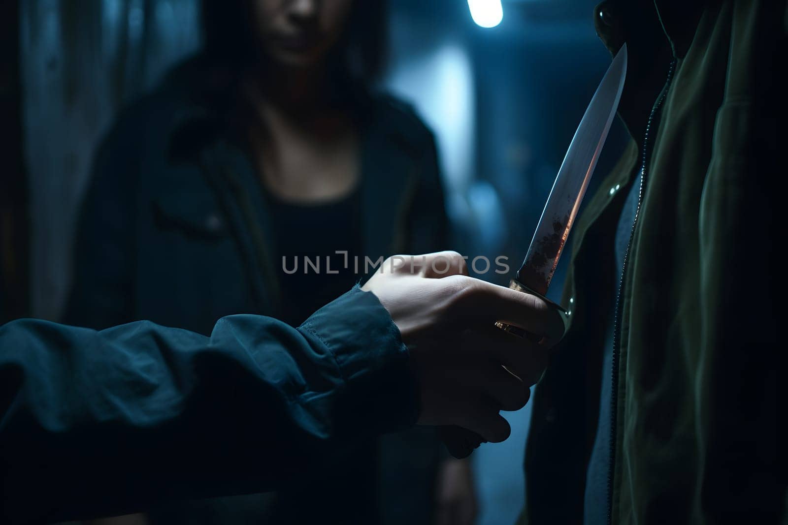 closeup view of of man holding knife in hand in dark backalley. Neural network generated in May 2023. Not based on any actual person, scene or pattern.