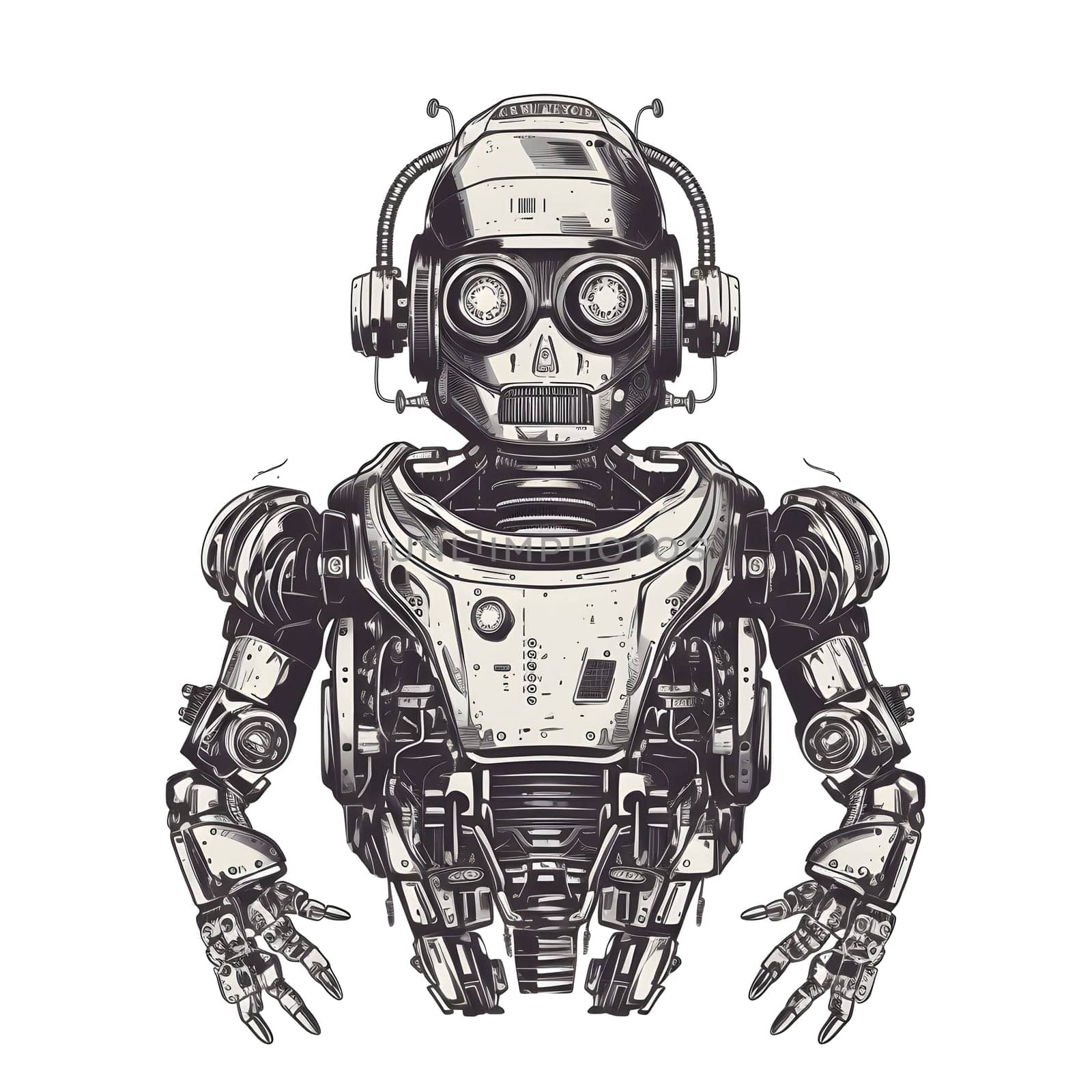cool cartoonish robot for t-shirt print design on white background. Neural network generated in May 2023. Not based on any actual person, scene or pattern.