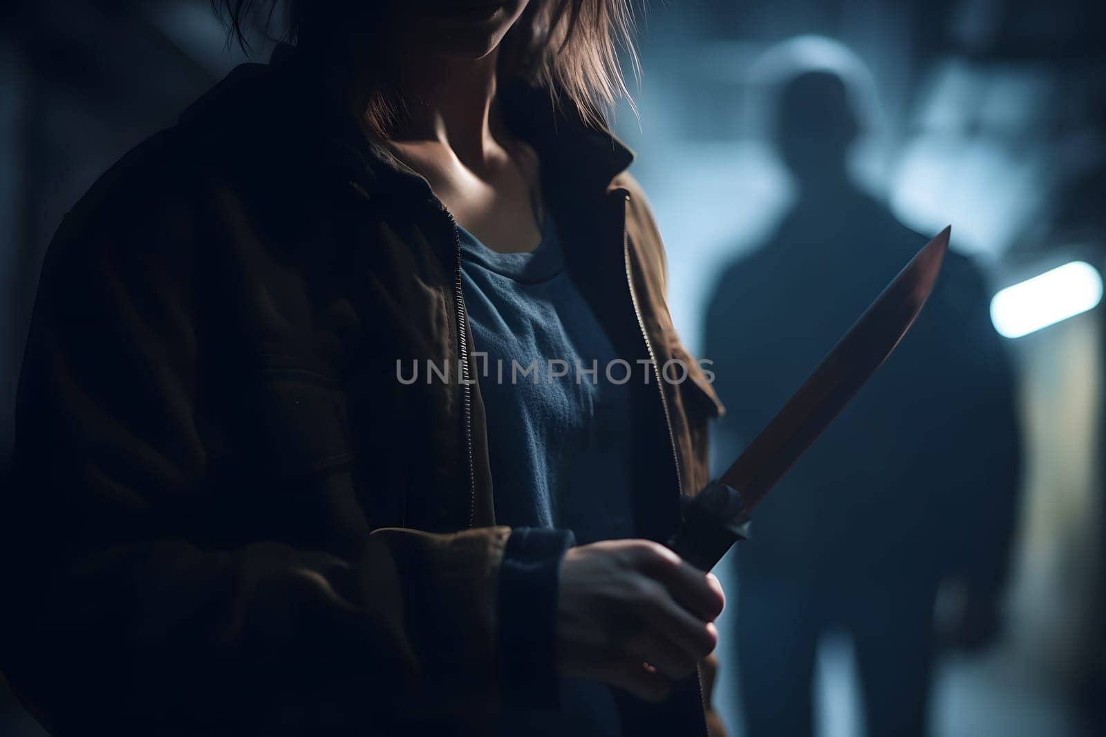 closeup view of of woman holding knife in hand in dark backalley. Neural network generated in May 2023. Not based on any actual person, scene or pattern.