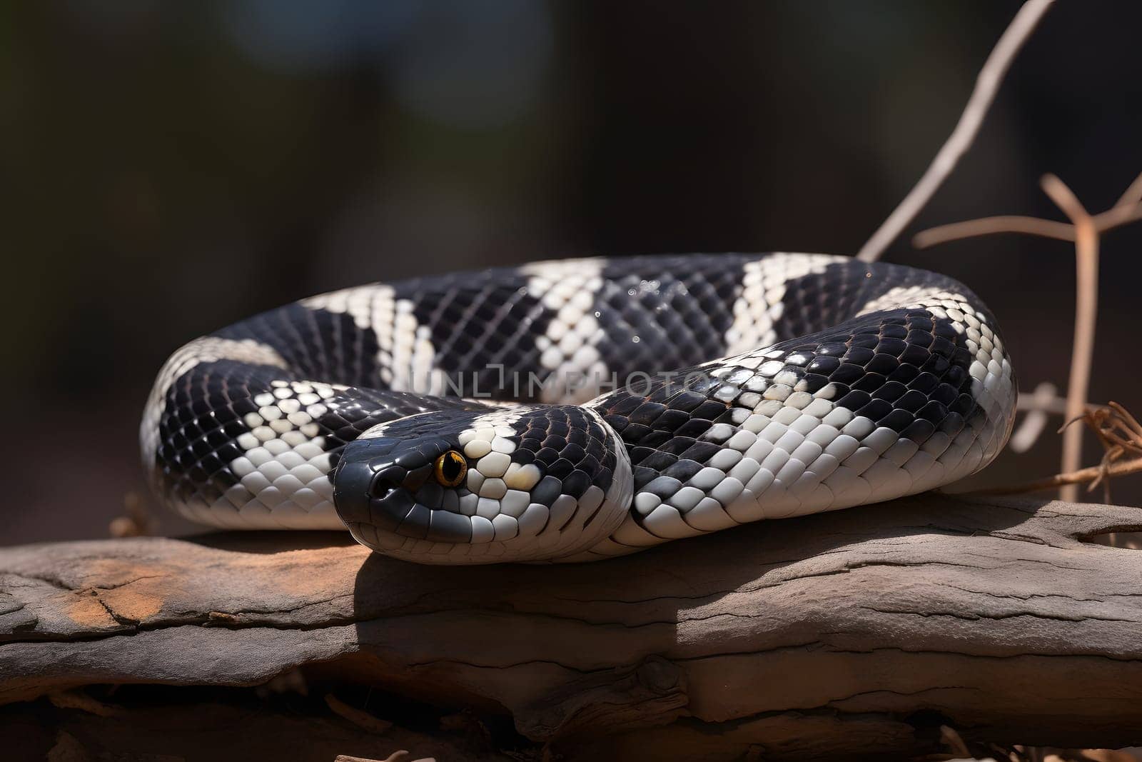 Kingsnake wide full body view on the ground at sunny day. Neural network generated in May 2023. Not based on any actual person, scene or pattern.