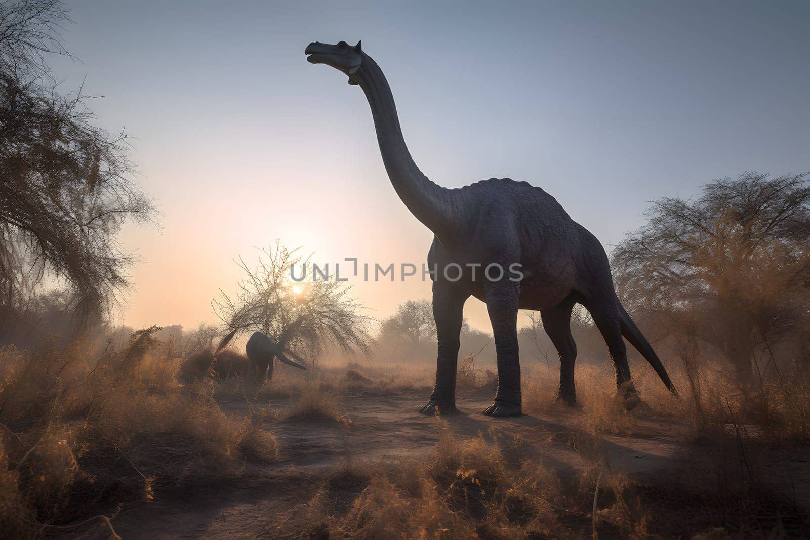 Brontosaurus wide angle view full body portrait at summer day light. Neural network generated in May 2023. Not based on any actual scene or pattern.